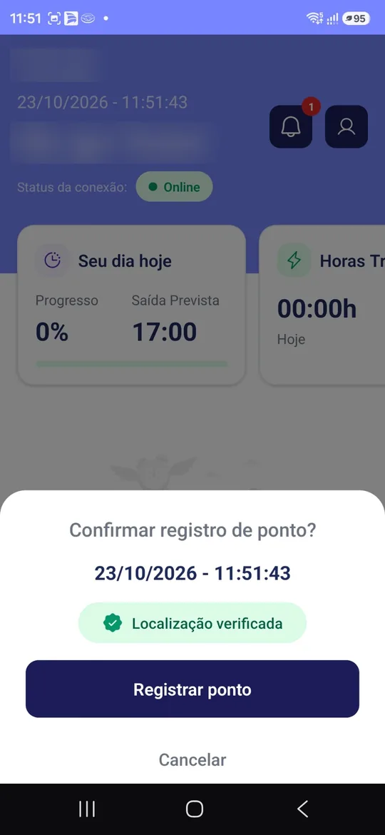 Tela de confirmação de registro de ponto no celular com a mensagem Localização verificada