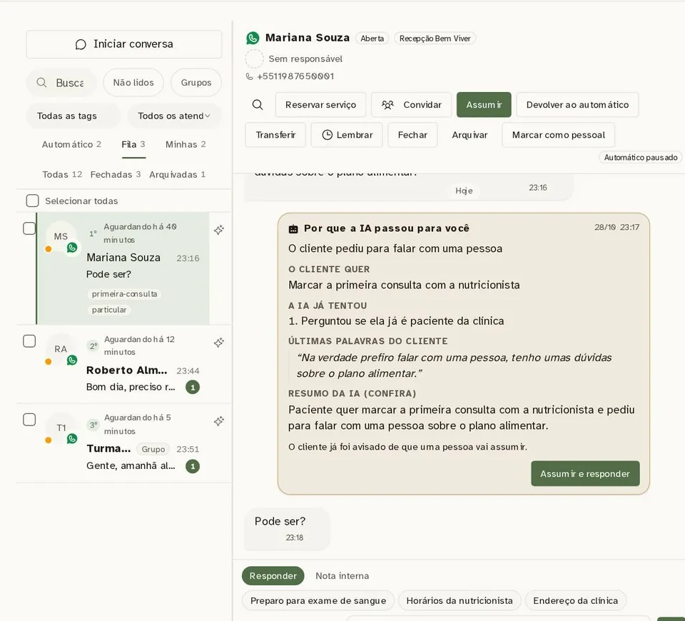 Caixa de entrada do Dialoga+ com a lista de conversas do WhatsApp e uma conversa aberta com o resumo Por que a IA passou para você