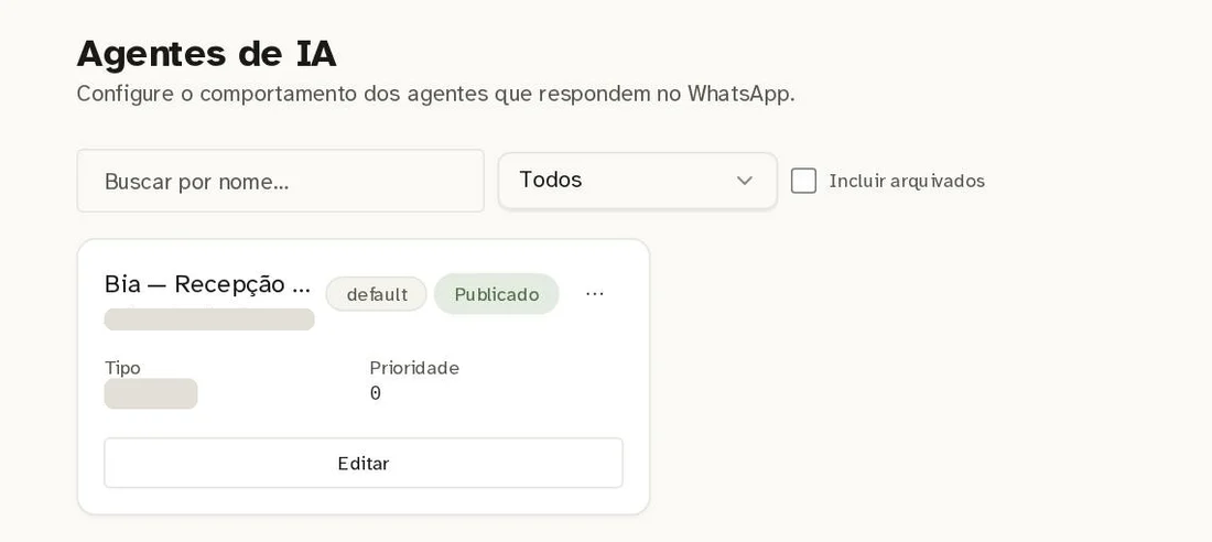 Tela de Agentes de IA do Dialoga+ com um agente de recepção publicado e o botão Criar novo