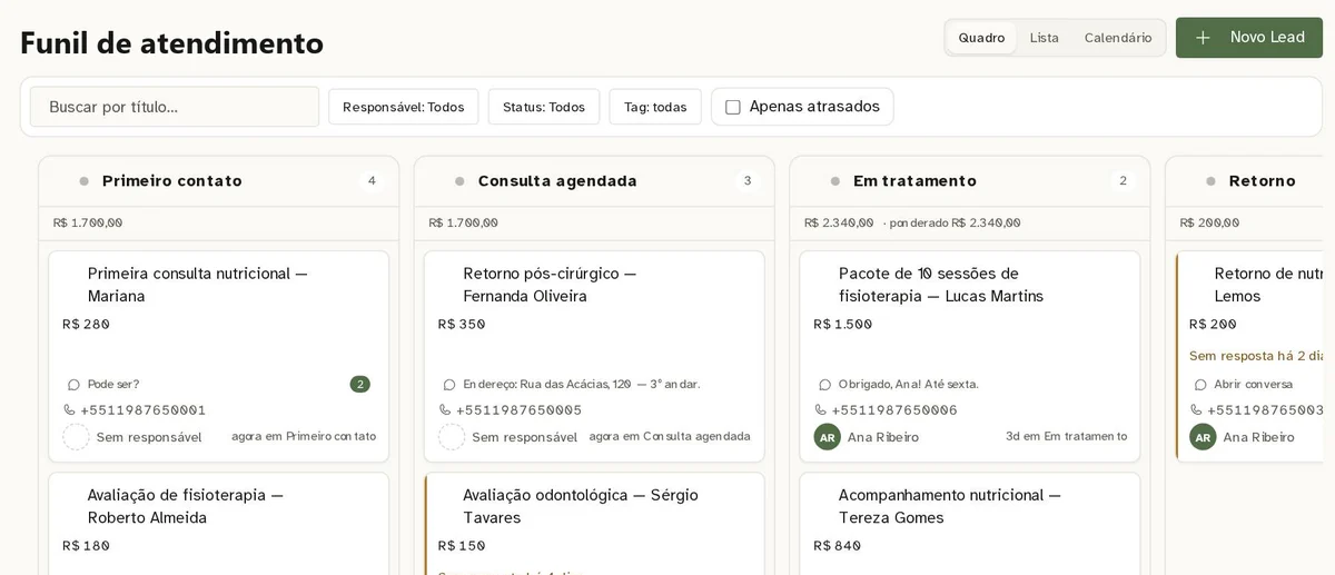 Quadro do funil de atendimento do Dialoga+ com colunas de etapas, cartões com valor, última mensagem, responsável e tempo na etapa